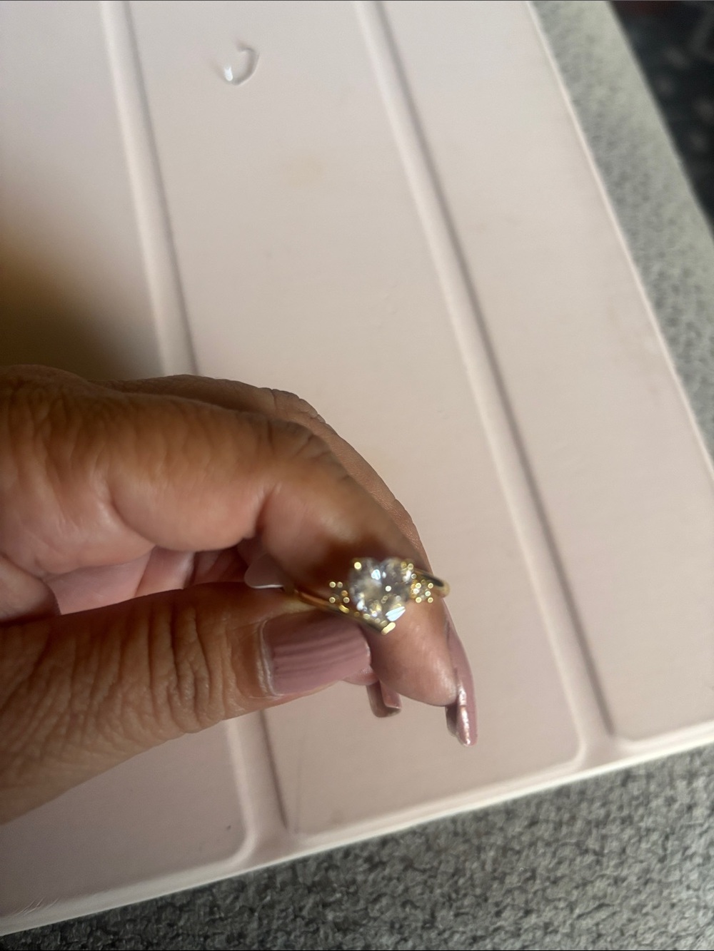 Gold-Tone Solitaire Ring with Clear Center Stone Heart- Women Jewelry